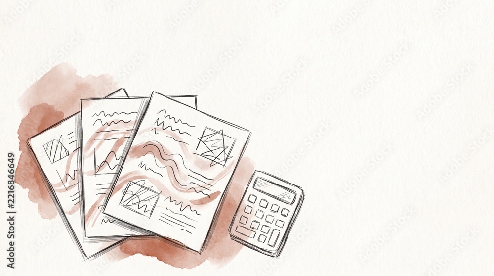 Obraz premium Hand Drawn Financial Documents and Calculator Visualizing Accounting and Tax Auditing