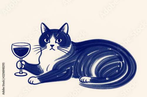 Cat with Wine Glass - Naive Hand Drawn Vector Illustration in Blue Line Art for Cat with Wine Glass Naive Hand Drawn Vector Illustration Themed Designs, Greeting Cards, and Pet Lovers' Decor