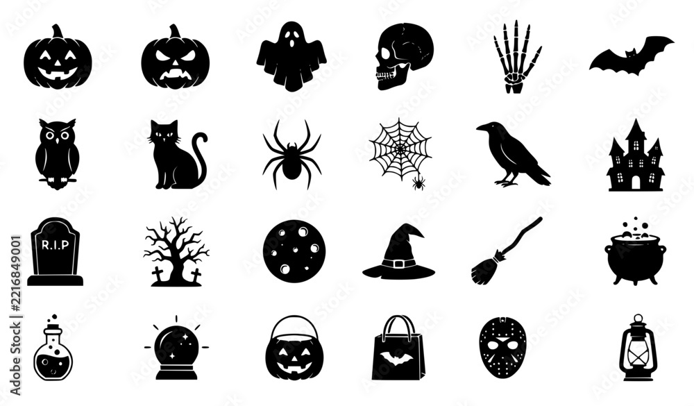 Fototapeta premium Halloween Black Silhouette Vector Icon Collection with Ghost Pumpkin Skeleton Bat Witch and Cat