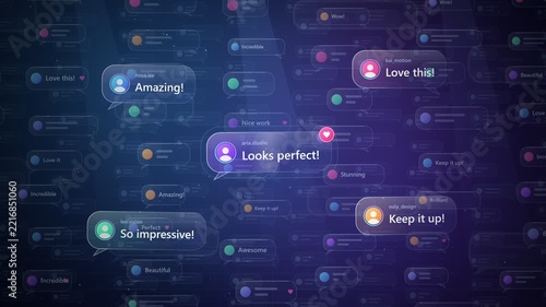 Glass Chat Bubbles Comment Wall Floating with Parallax, Seamless Loop