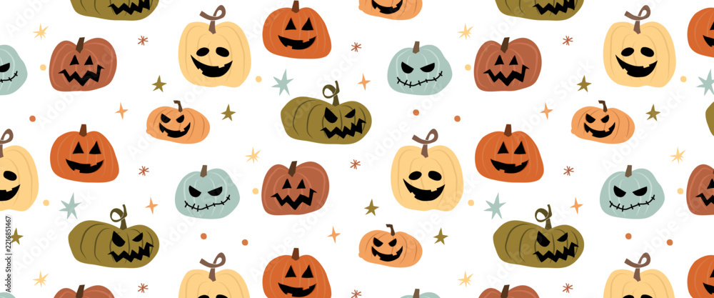 Fototapeta premium pumpkin face doodle hand drawing seamless pattern halloween party jack o lantern spooky cute background funny