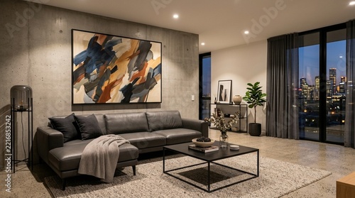 Modern Living Room with Abstract Art and City View