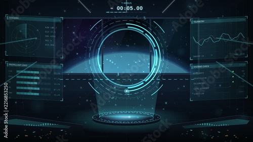 Futuristic Control Room Countdown 10 to 1 with Holographic Launch
