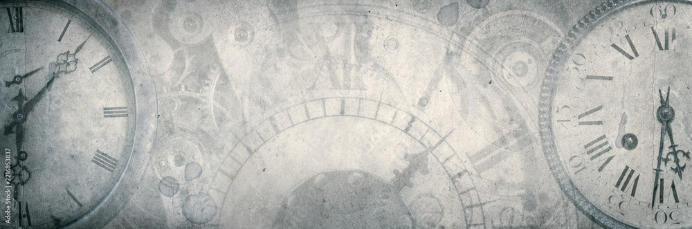 Fototapeta premium Time, clocks and antique watches create a faded vintage composition with overlapping clock faces, Roman numerals and aged textures. 