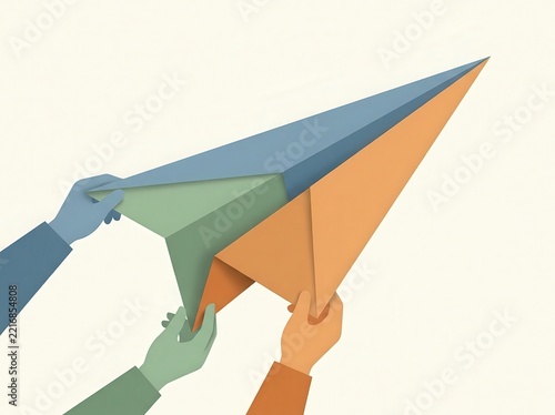 Paper airplane being constructed jointly by diverse hands in flat style.