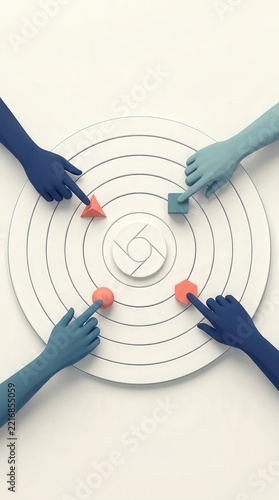 Hands pointing at geometric shapes arranged on circular white patterns.