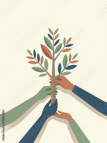 Hands holding a growing small tree together representing environmental.