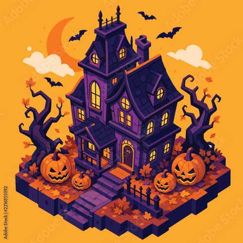 Isometric Halloween Pumpkin and Autumn Leaves Decorative Corner on a Purple 3D Isometric Geometric Base Isolated Background