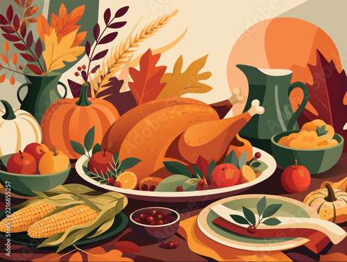 Autumn Harvest Still Life with Apples, Corn, Leaves and Seasonal Farm Produce Hand drawn Thanks Giving Foods Illustration Concept