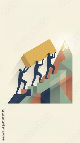 Business people carry a heavy golden block up the mountain to hit targets.