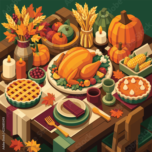 Rustic Autumn Pumpkin Pie on a Wooden Table with Colorful Fall Leaves Thanks Giving Day 3D Illustration