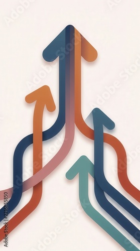 Arrows pointing upward merge into one direction on a light background.