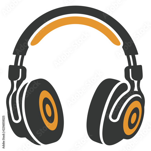 Minimalist over ear headphones icon with orange and dark grey color scheme. Modern audio headset graphic for music and sound technology concepts