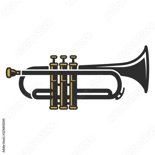 Minimalist trumpet vector illustration in dark grey and gold color scheme. Stylized brass trumpet icon for music design