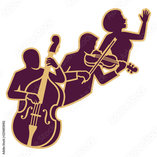 Stylized musical trio featuring double bass player violinist and female singer. Orchestral music performance silhouette illustration