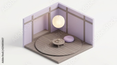 3D Isometric Zen Meditation Studio with Floor Lamp and Shoji Screen