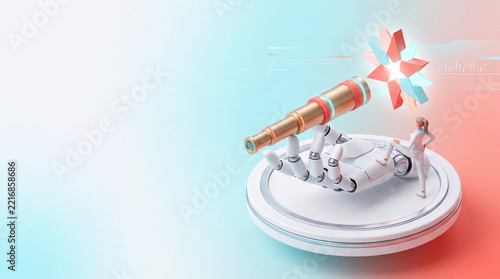 Robot hand telescope horizon futuristic figure observing horizon through telescope concept