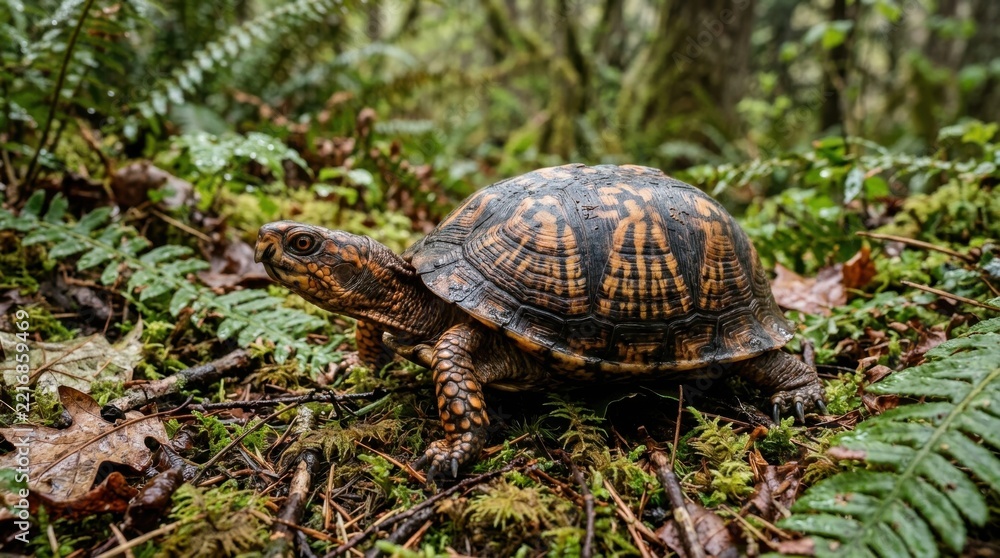 Obraz premium Box turtle crawling slowly in a green forest