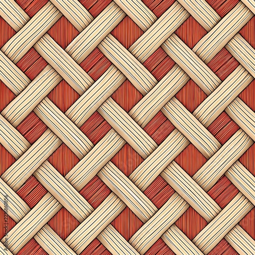 Seamless basket weave pattern in terracotta red and cream. Woven wicker texture with interlaced straw-like strips, ideal for rustic backgrounds, textile prints, wallpaper and handmade craft designs.