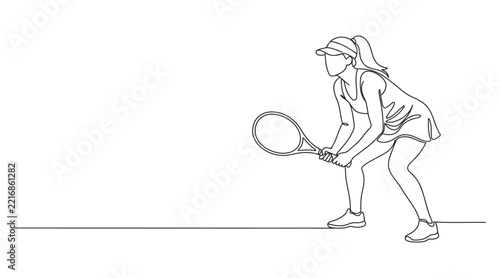 Minimalist continuous line drawing of a tennis player holding a racket in ready stance with line art