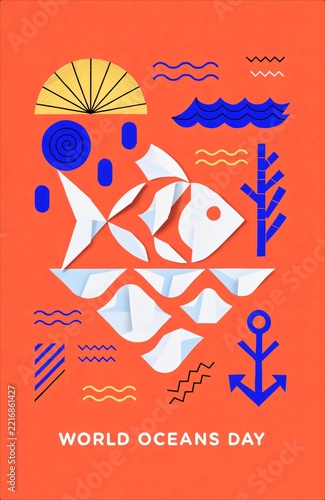 World Oceans Day Poster With Geometric Fish And Marine Elements.
