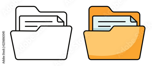 Open folder icon set illustration, vector file folder with document in outline and color styles for file organization and management
