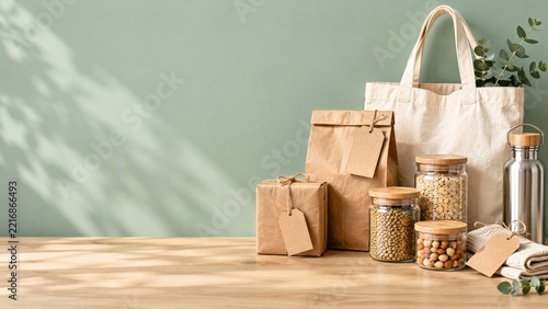 Reusable Canvas Tote and Pantry Jars with Kraft Packages on a Wooden Table