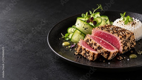 Sesame Crusted Seared Tuna with Cucumber Ribbons and Rice on Black Plate
