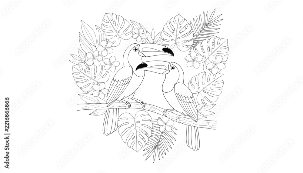 Fototapeta premium Detailed coloring page illustration featuring two toucans perched on a branch surrounded by tropical jungle leaves.