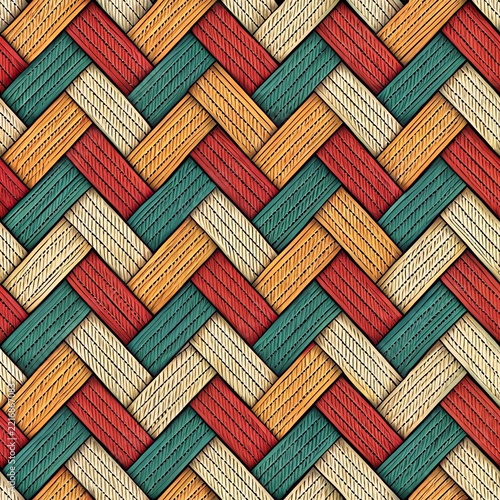 Seamless herringbone woven pattern in red, teal and mustard. Zigzag braided texture with colorful interlaced strips, ideal for rustic wallpaper, textile prints, backgrounds and handmade craft designs.