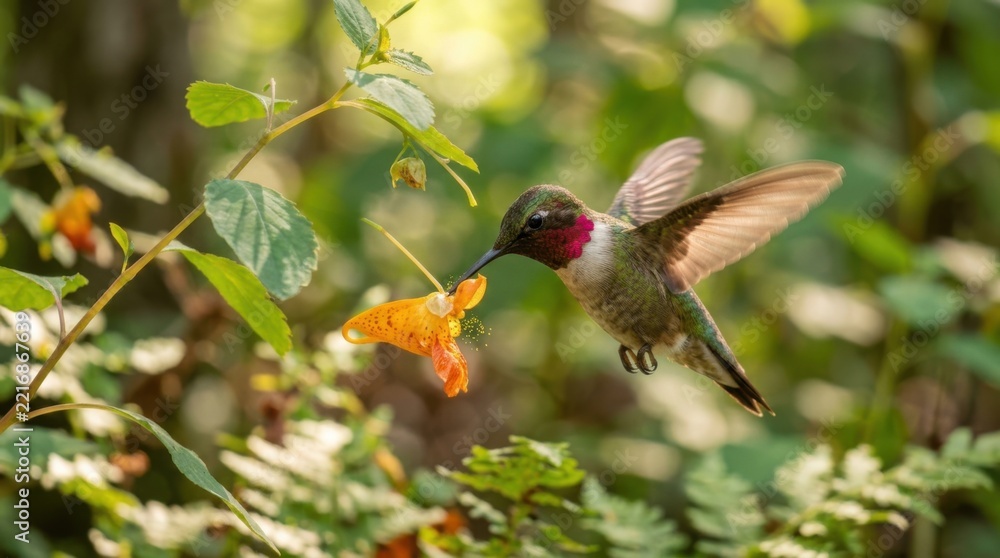 Fototapeta premium Small ruby-throated hummingbird feeding on a bright orange flower