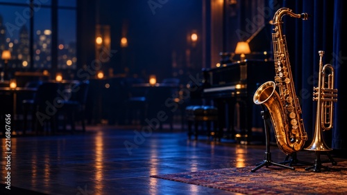Golden saxophone and trumpet in a softly lit jazz club with copy space