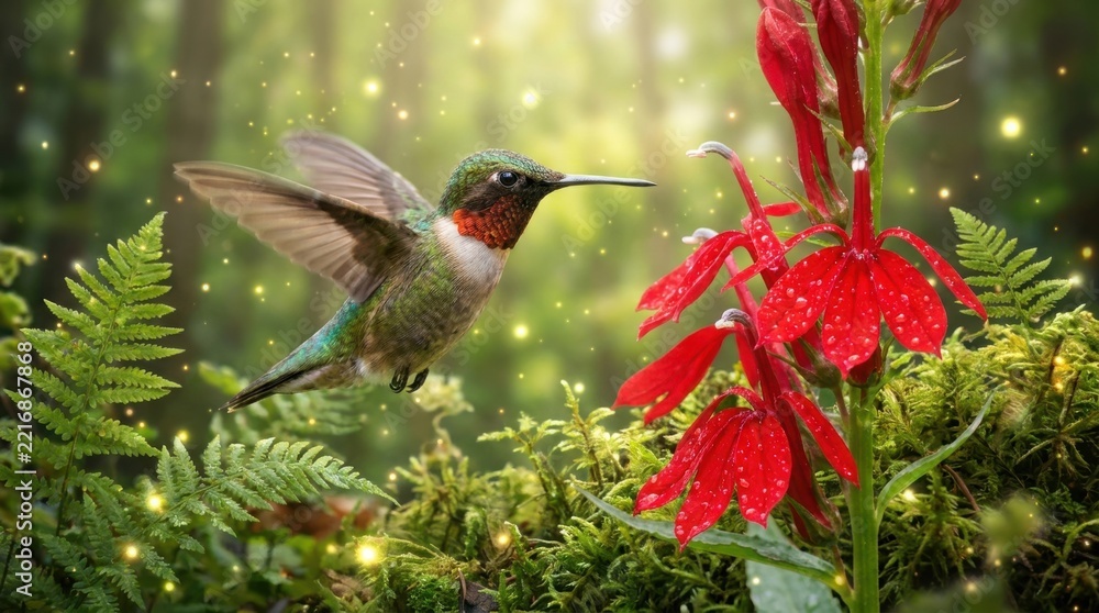 Fototapeta premium Hummingbird flying near a red flower in a magic forest