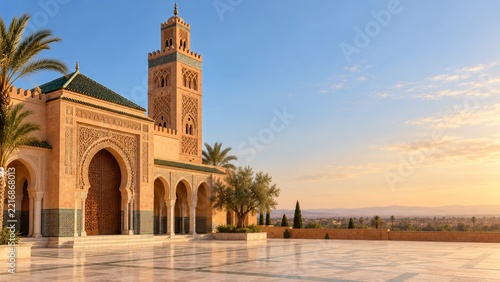Earth toned mosque with a square minaret and palms at dawn with copy space