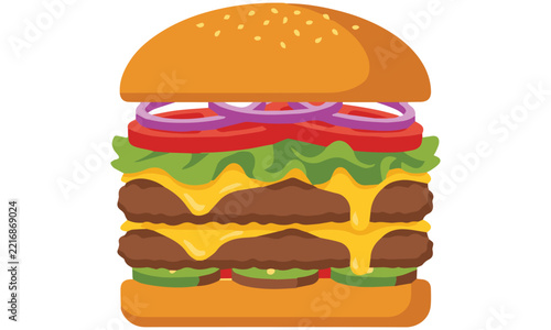 Double cheeseburger flat design vector illustration with two beef patties and pickles