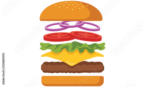 Deconstructed flying burger flat design vector illustration with separated ingredients