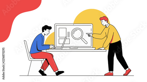 Professionals analyzing digital data and searching information on computer screen vector illustration