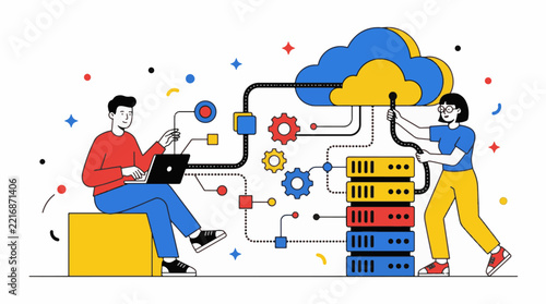 Cloud computing and data management illustration with people managing servers and network connections