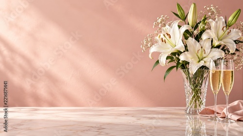 White Lilies in a Crystal Vase with Champagne Flutes on an Elegant Celebratio...