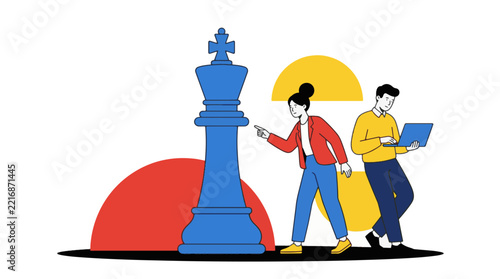 Flat vector illustration of business people planning a strategy with a giant chess king piece
