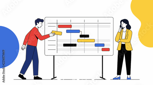 Project management and schedule planning illustration with team members analyzing a timeline chart