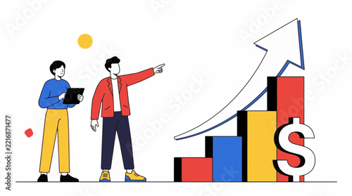 Business growth concept illustration with team analyzing financial charts and upward arrow