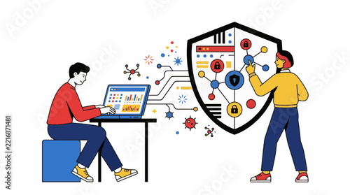 Professionals analyzing security data and building digital defense systems on laptop computers