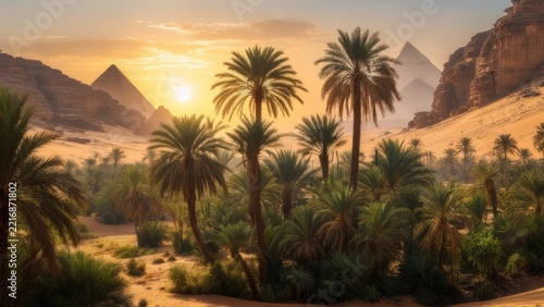 Oasis sunrise, pyramids in background