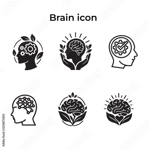 Brain Silhouette Icon Set – Creative Thinking, Intelligence and Mental Health Vector Collection