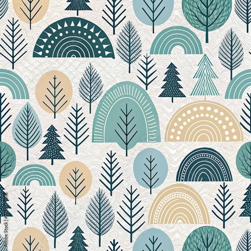 Seamless Scandinavian pattern with boho rainbows and forest trees. Teal, mustard and cream fir trees with arches on a light background, ideal for nursery, textile, wallpaper and wrapping paper designs