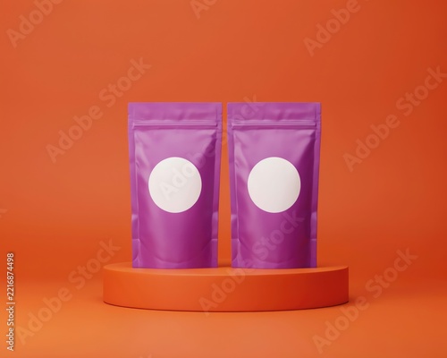 Two purple stand-up pouches with blank white circular labels on an orange pedestal