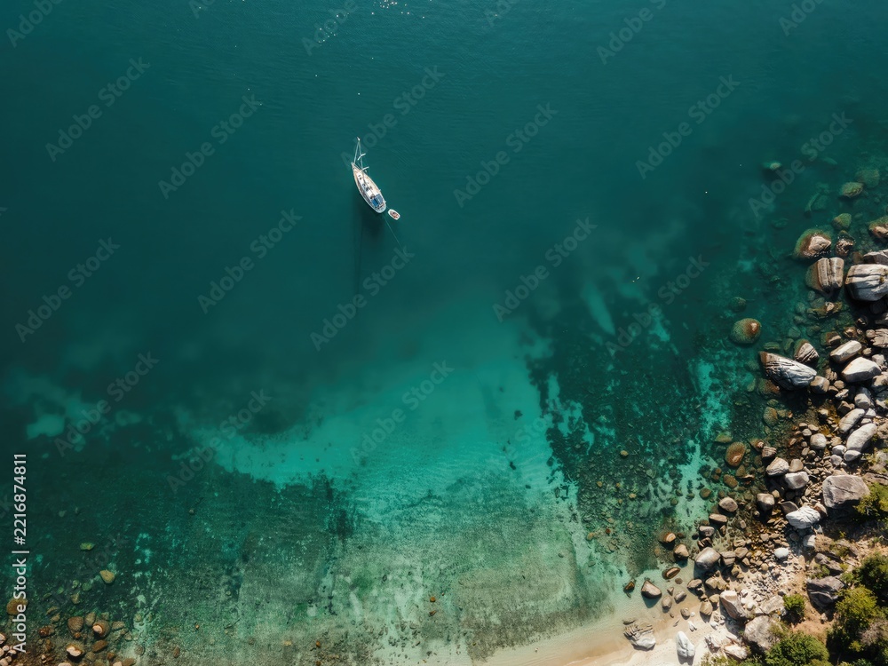 Fototapeta premium Aerial drone view of a white sailboat floating in turquoise tropical water near a rocky coastline