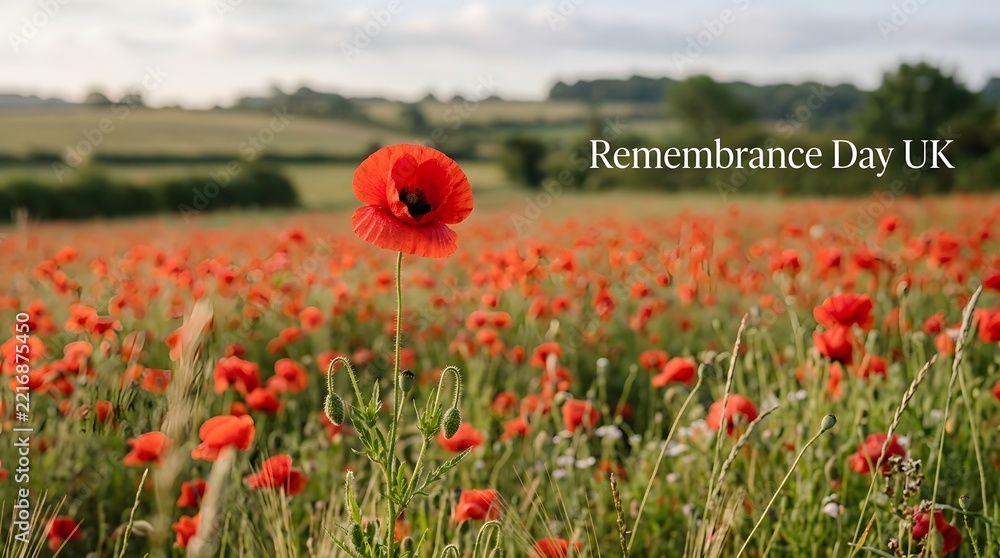 Fototapeta premium A vibrant field of red poppies symbolizes remembrance and honors the sacrifices made by veterans and service members in the united kingdom