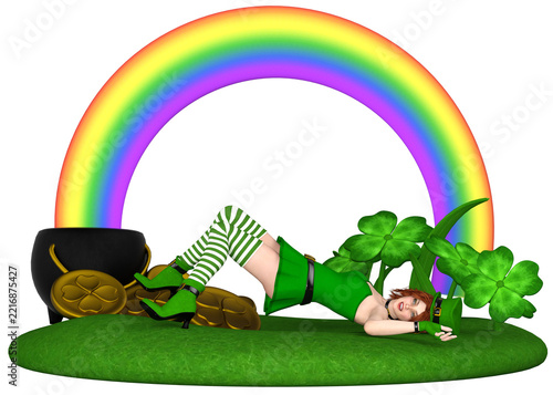 A fantasy leprechaun woman in a green costume dances beside a pot of gold coins with a colorful rainbow and shamrocks for a holiday theme. 3D Illustration